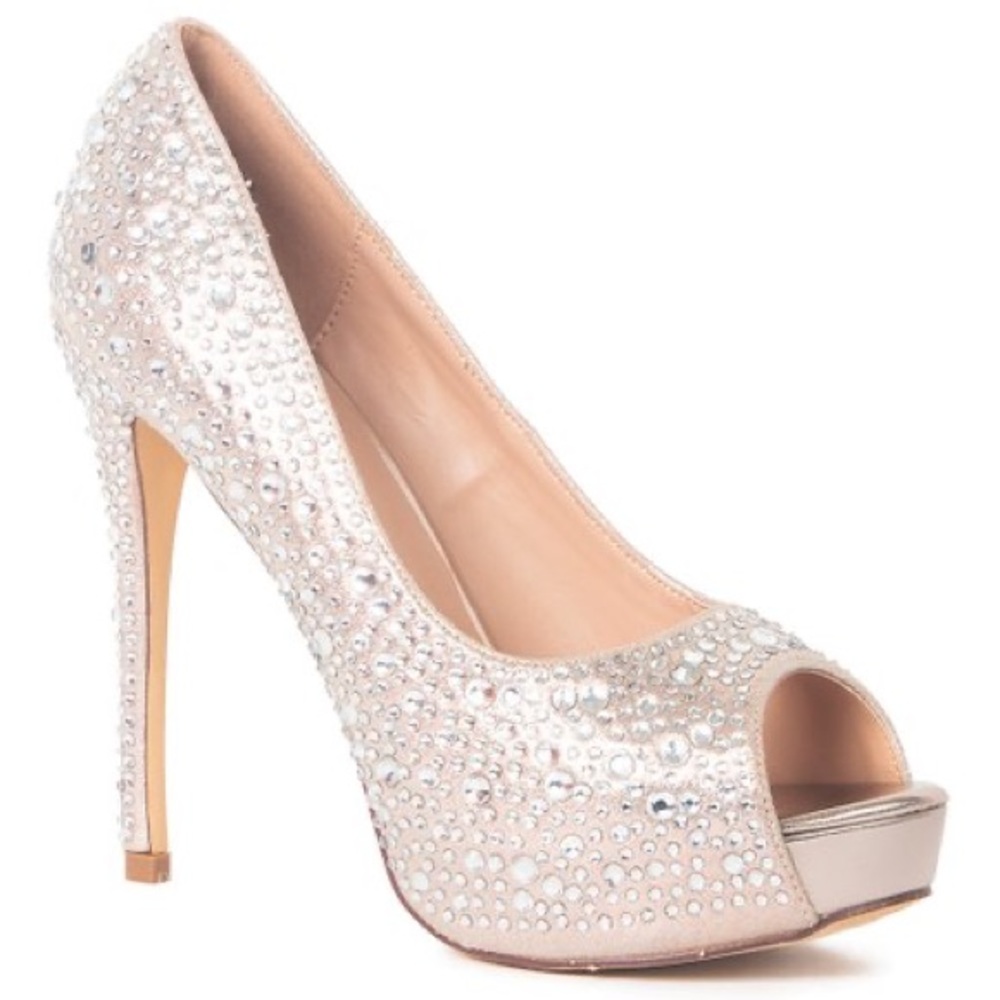 Lauren lorraine Paula open peep toe rhinestone heels iridescent rhinestones